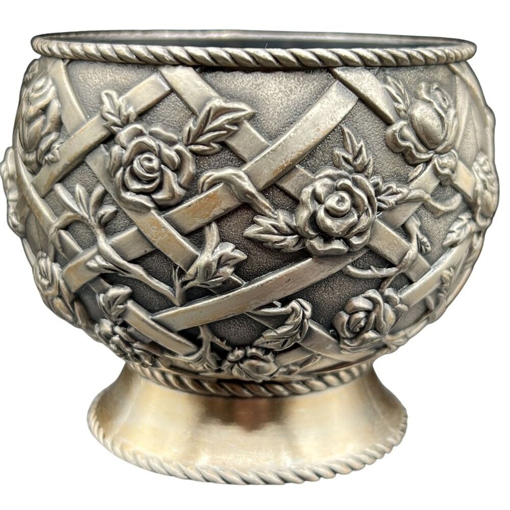 Vintage Pewter Trinket Dish Vase Intricate Trellis Climbing Rose Basket Weaved